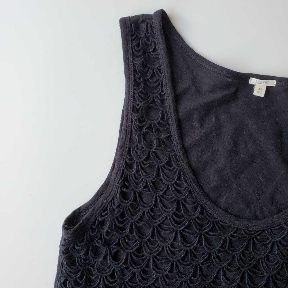 J. Crew Medium Scallop Crochet Tank top Black Sleeveless Shirt Cotton Boho Artsy